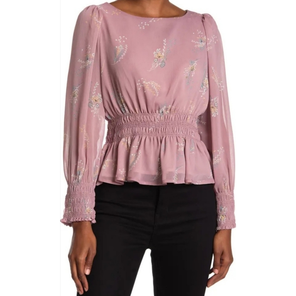MELLODAY Round Neck Puff Sleeve Peplum Top, Large